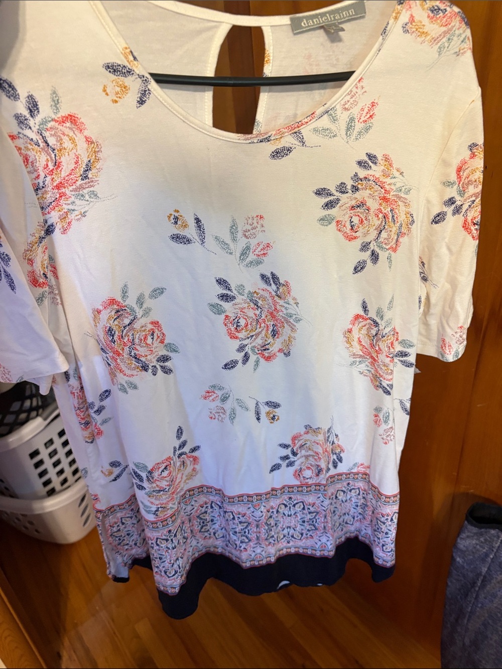 Daniel Rainn Cream Floral Border-Print Tunic with Coral and Blue Accents